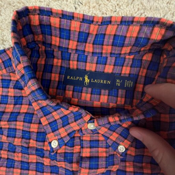 Ralph Lauren Button Up Shirt Cotton Adult Size XL Orange Blue Plaid L/S w Pony - Picture 5 of 8